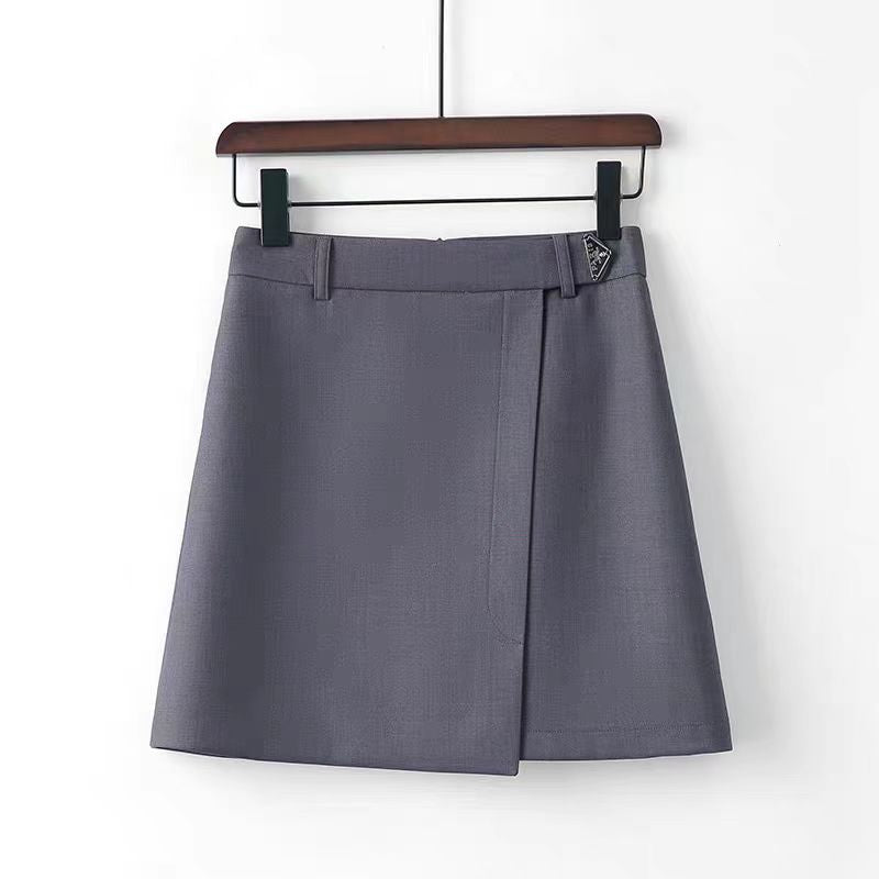 Gray Suit Slimming High Waist A- Line Versatile Irregular Skirt