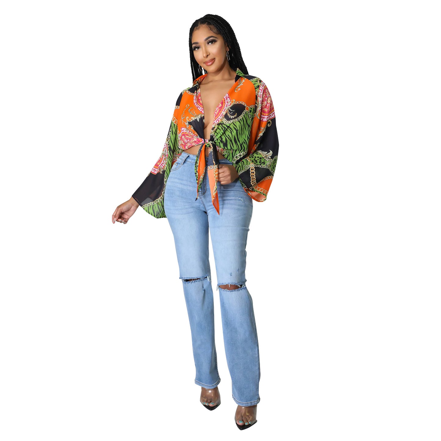 Printed Long Sleeve Flared Sleeves Short Top