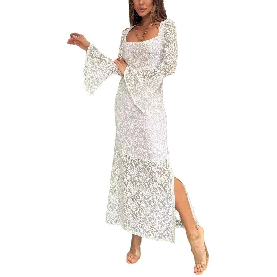 Lace Bell Sleeve Slim Fit Women Split Dress