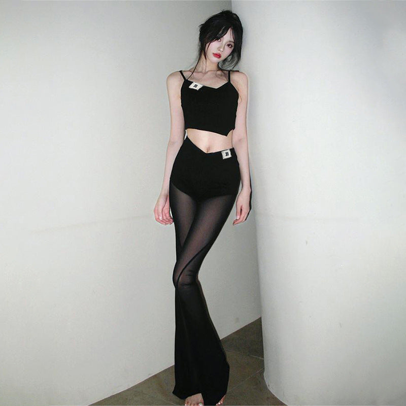 Mesh Stitching Small Sling Trousers Suit Two-piece Set