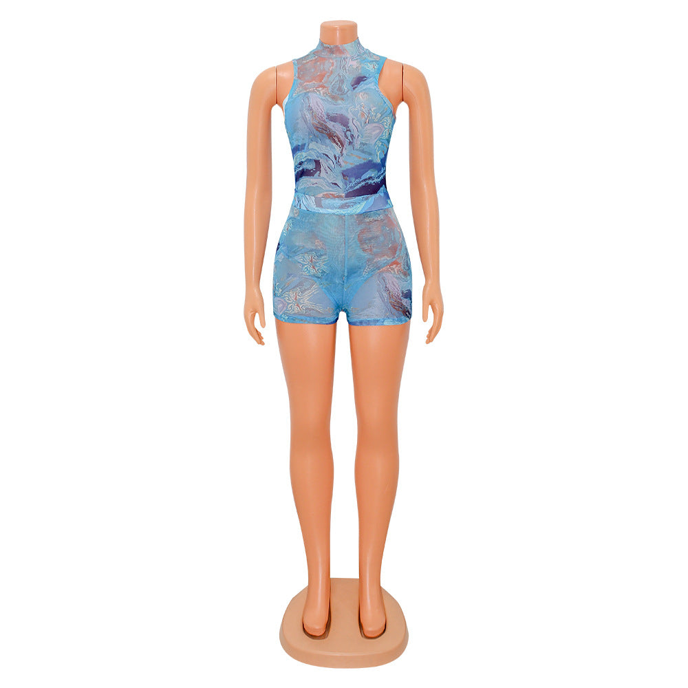 Women's Skinny Mesh Printed Shorts Two-piece Suit