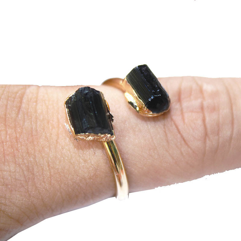 Natural Amethyst Black Tourmaline White Crystal Cluster Knuckle Ring Adjustable Ring