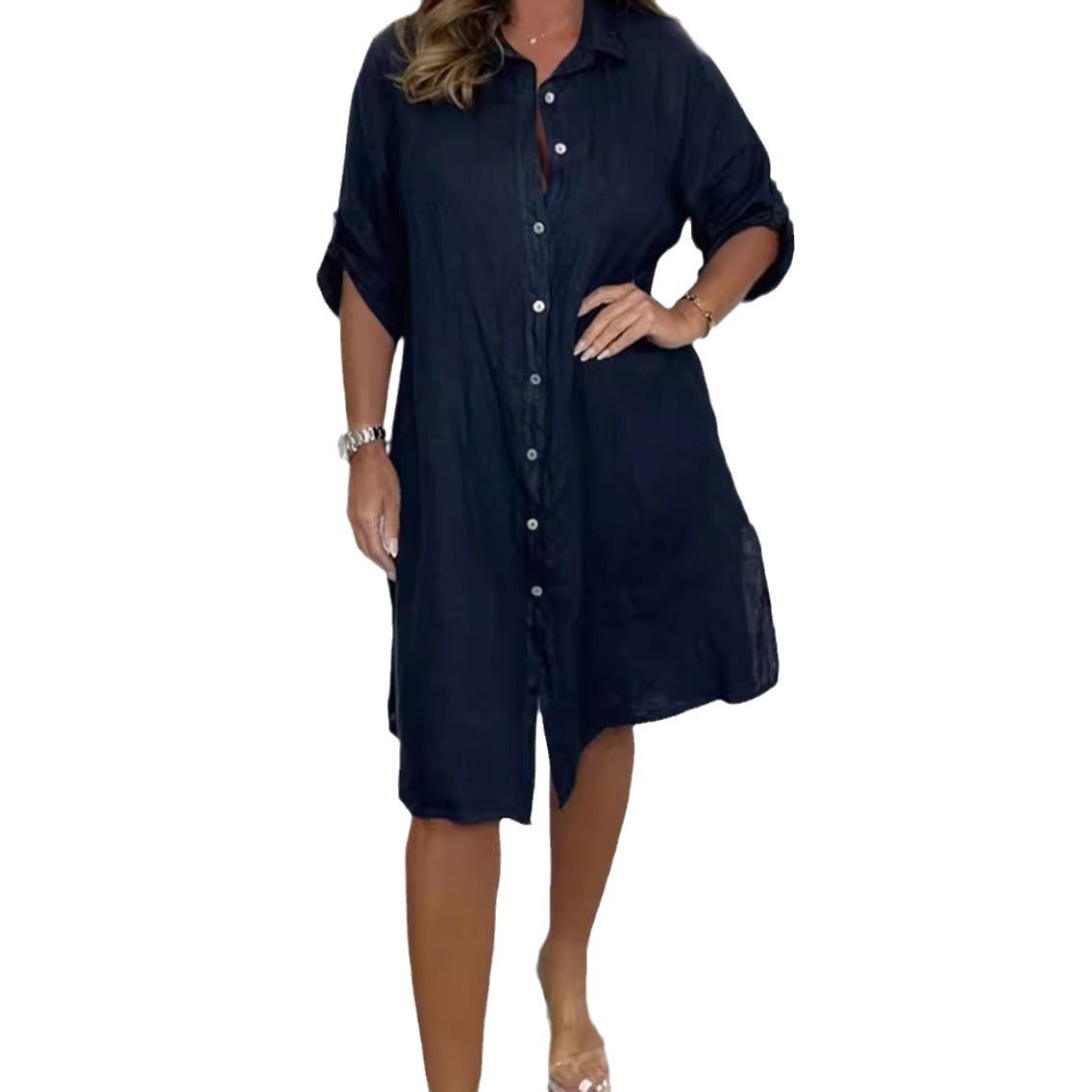 Loose Casual Half Sleeve Solid Color Cotton Linen Shirt Dress