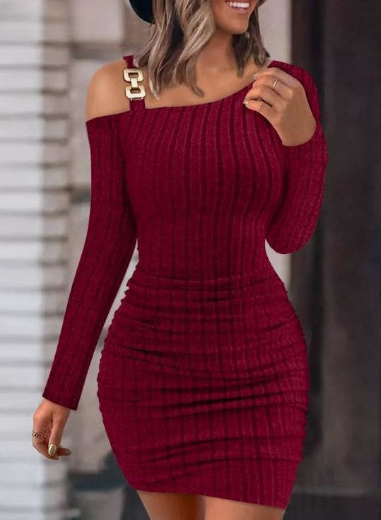 Solid Color Metal Buckle Shoulder Collar Skinny Sheath Sexy Long Sleeve Dress Women