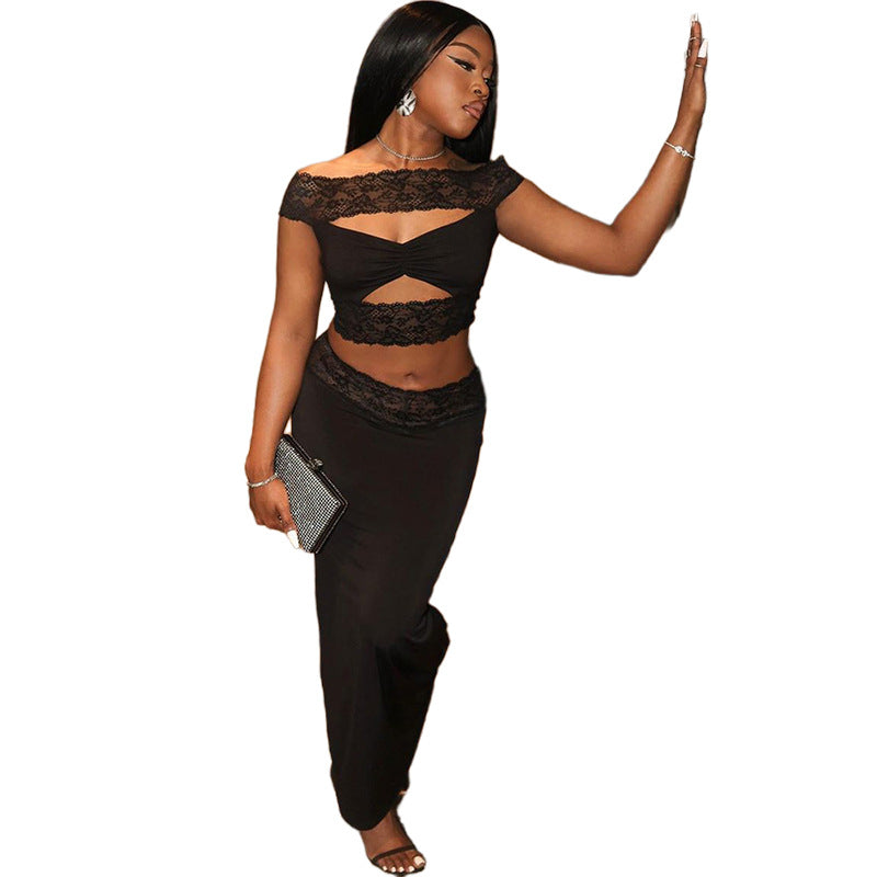 Street Ladies Hollow Lace Bare Midriff High Waist Suit