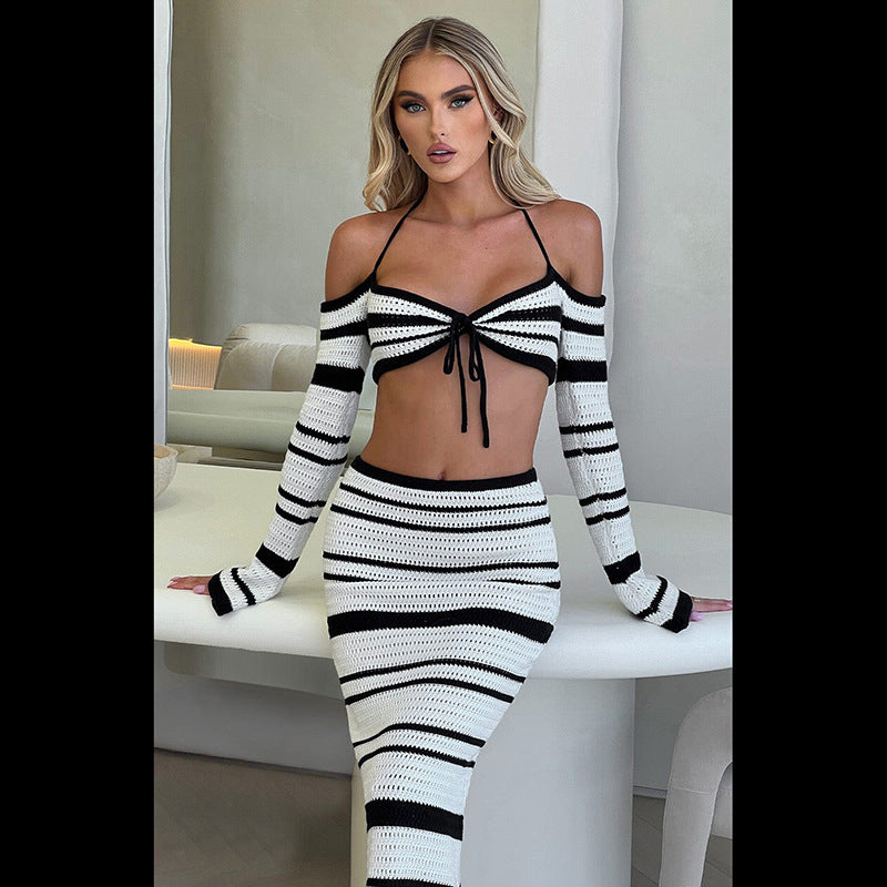 Striped Off-shoulder Halter Lace-up Long Sleeve top and skirt