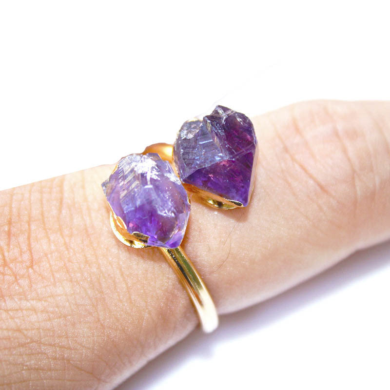 Natural Amethyst Black Tourmaline White Crystal Cluster Knuckle Ring Adjustable Ring