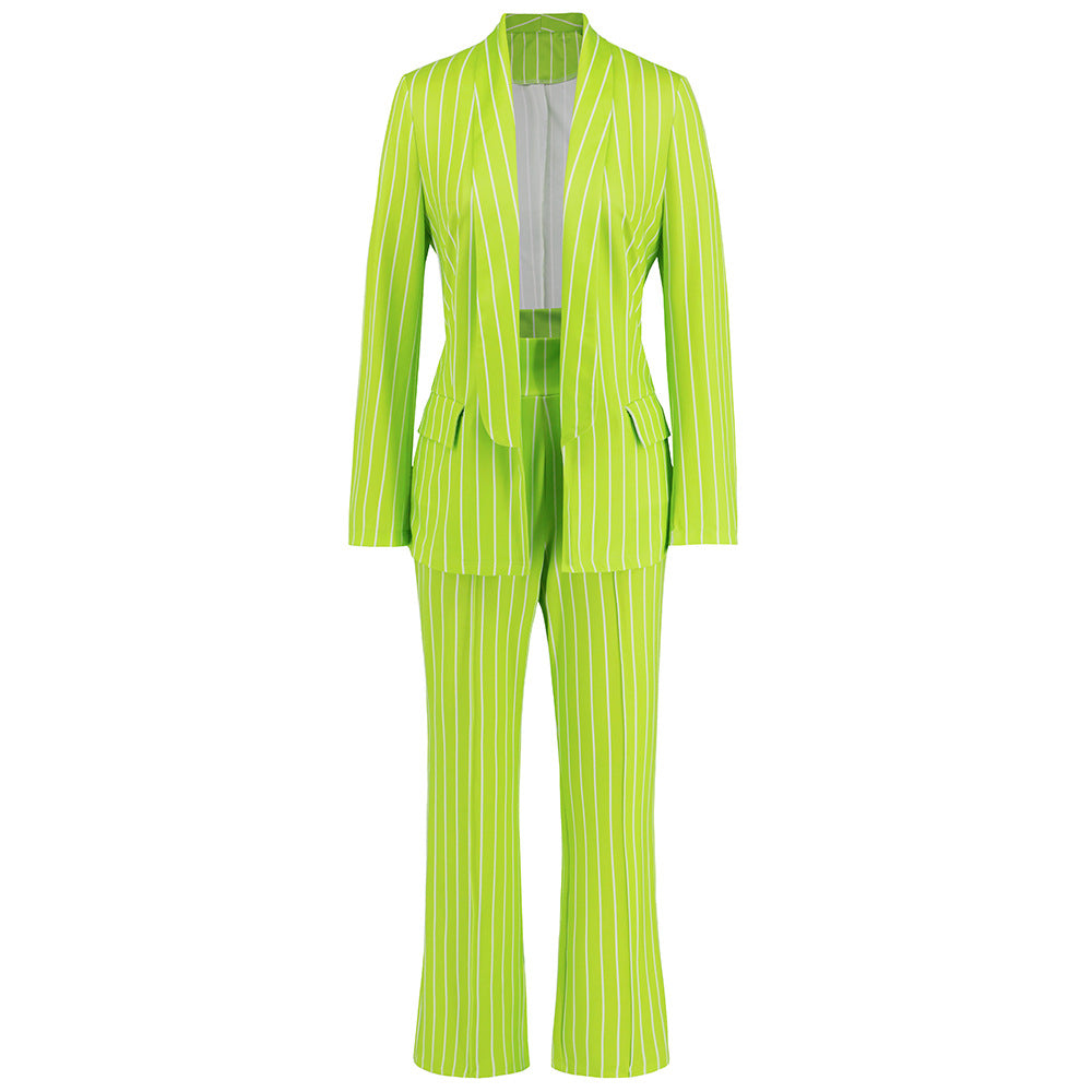 Women's Fashion Casual Striped Blazer Straight-leg Wide-leg Pants Suit