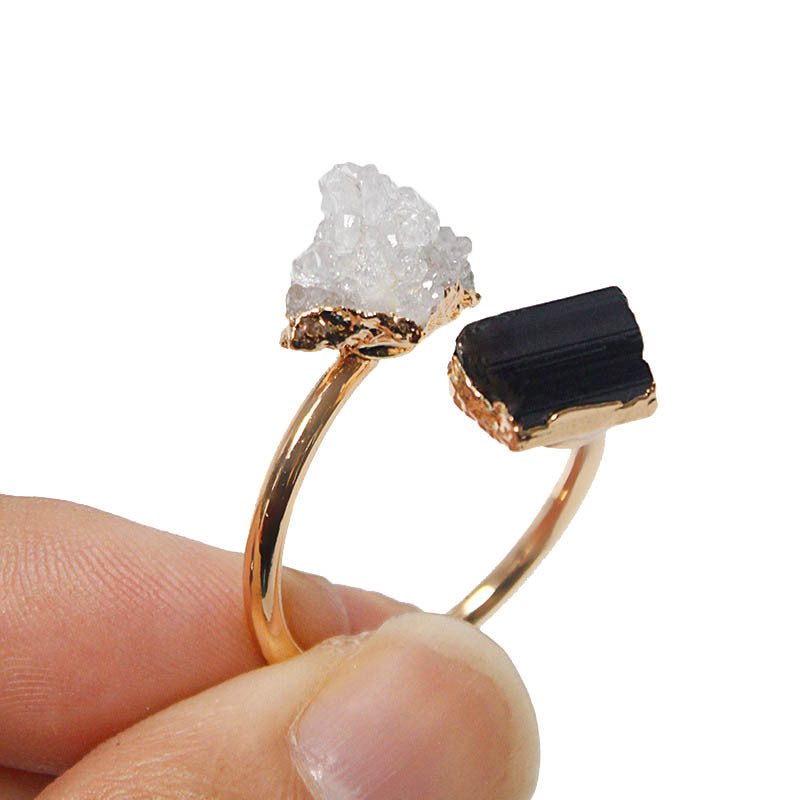 Natural Amethyst Black Tourmaline White Crystal Cluster Knuckle Ring Adjustable Ring