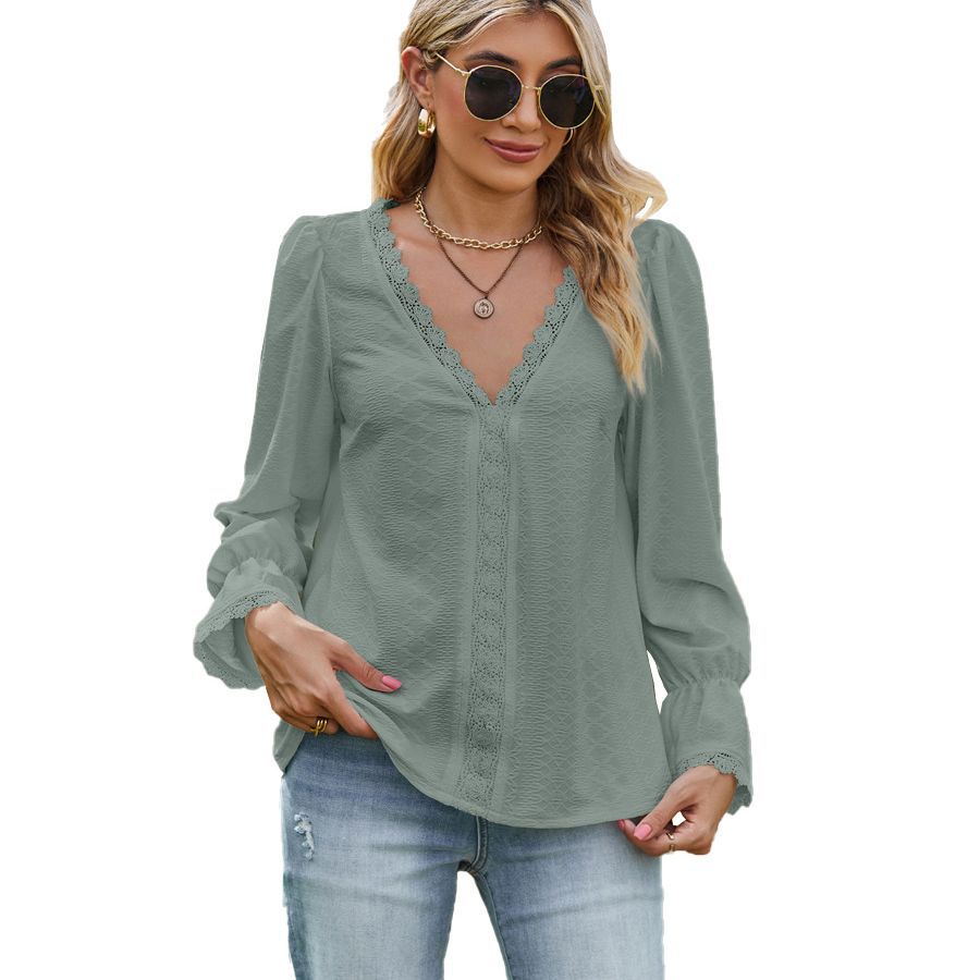 T-shirt Jacquard V-neck Lace Stitching Long Sleeve