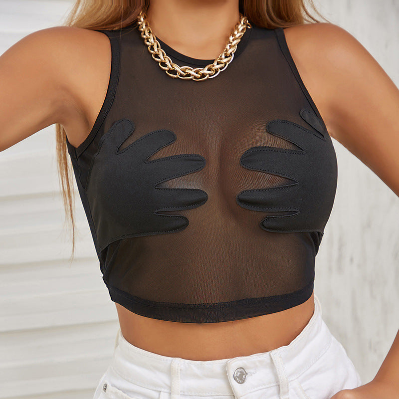 Hands on Round Neck Sleeveless See-through Mesh top