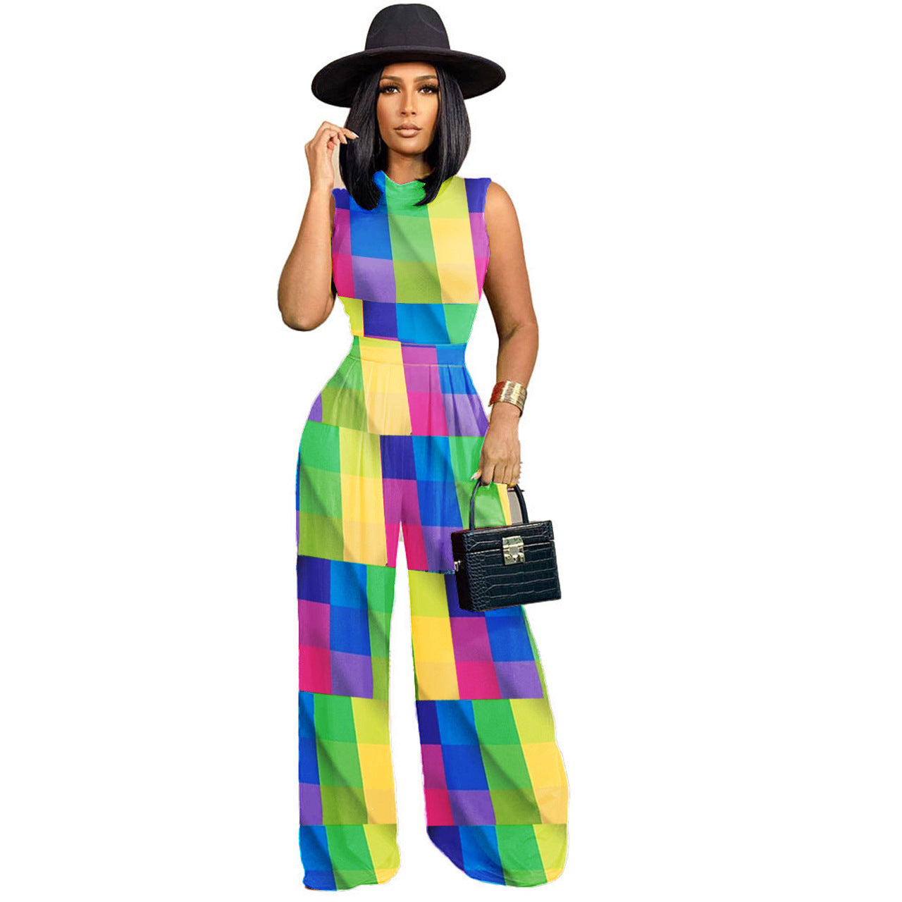 Women's Fashion Pattern Printed Sleeveless Leotard Wide Leg Pants Suit