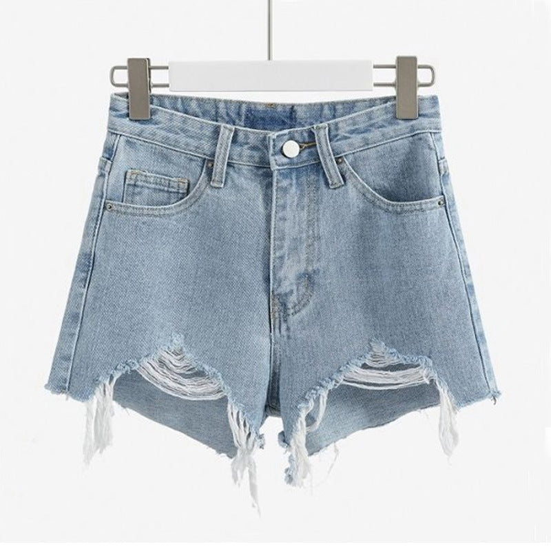 Women's Fashion Casual High Waist Ripped Tassel Raw Edge Denim Shorts