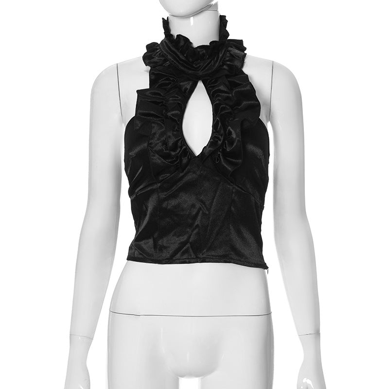 Socialite Lace Cutout Sleeveless Stand Collar Short Top