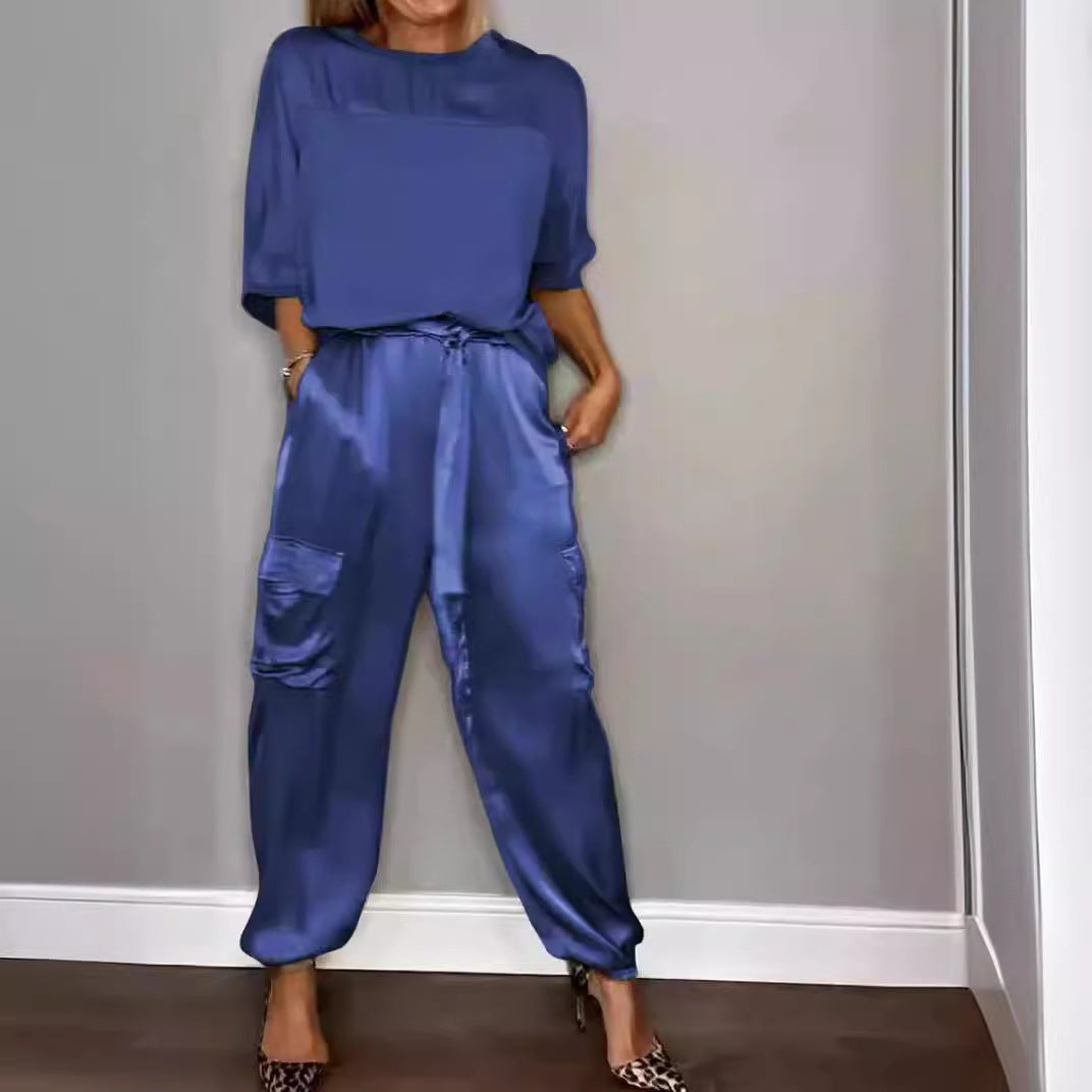 Fashion Women's Smooth Satin Half Sleeve Top Blouse And Pants Two-piece Set