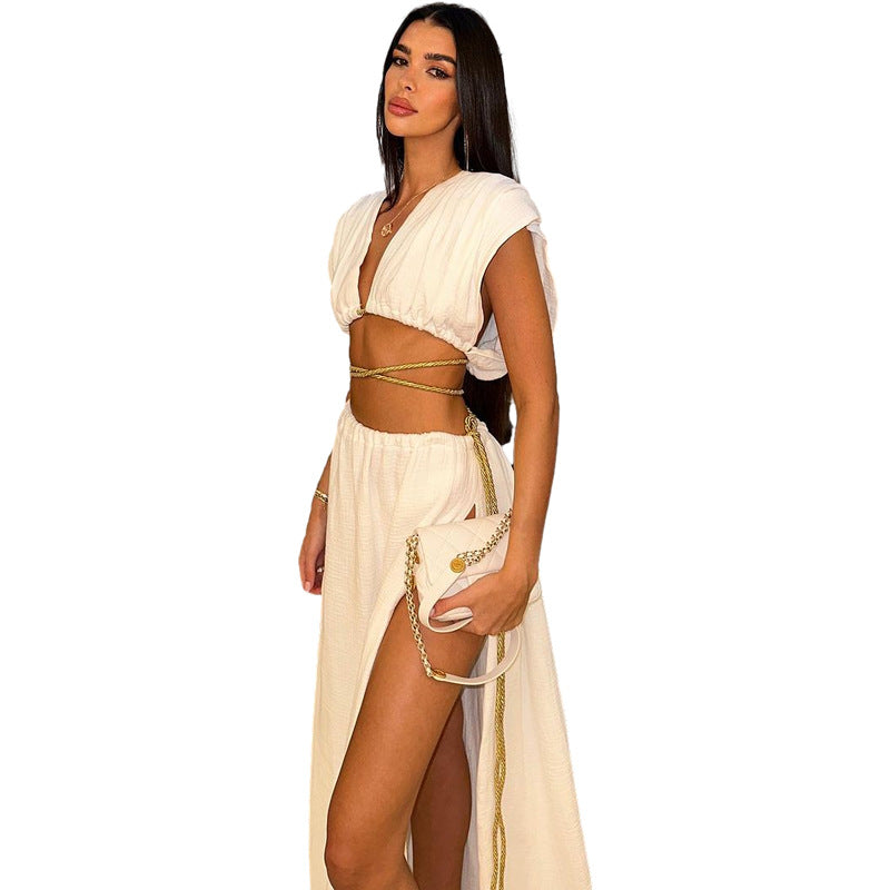 Sleeveless Deep V Bare Midriff High Waist Lace-up Suit Women