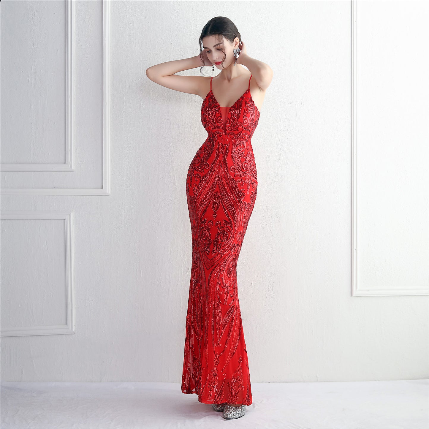 High-density Three-dimensional Strong Sequin Positioning Flower Dress