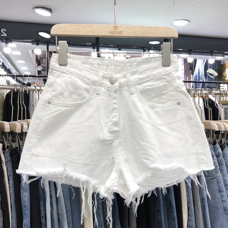 Women's Fashion Casual High Waist Ripped Tassel Raw Edge Denim Shorts