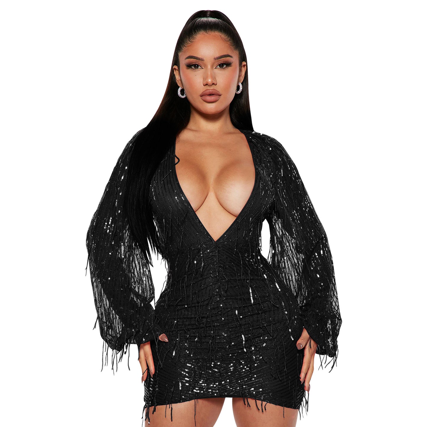 Women's V-neck Sequin Tassel Dress