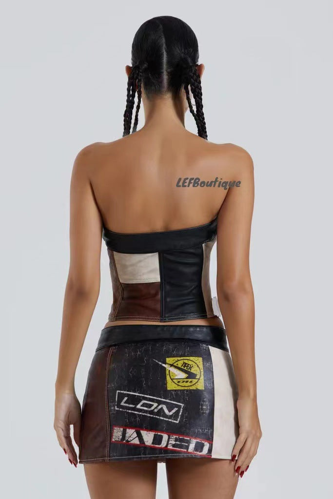 Stitching Racing PU Corset Mini Skirt