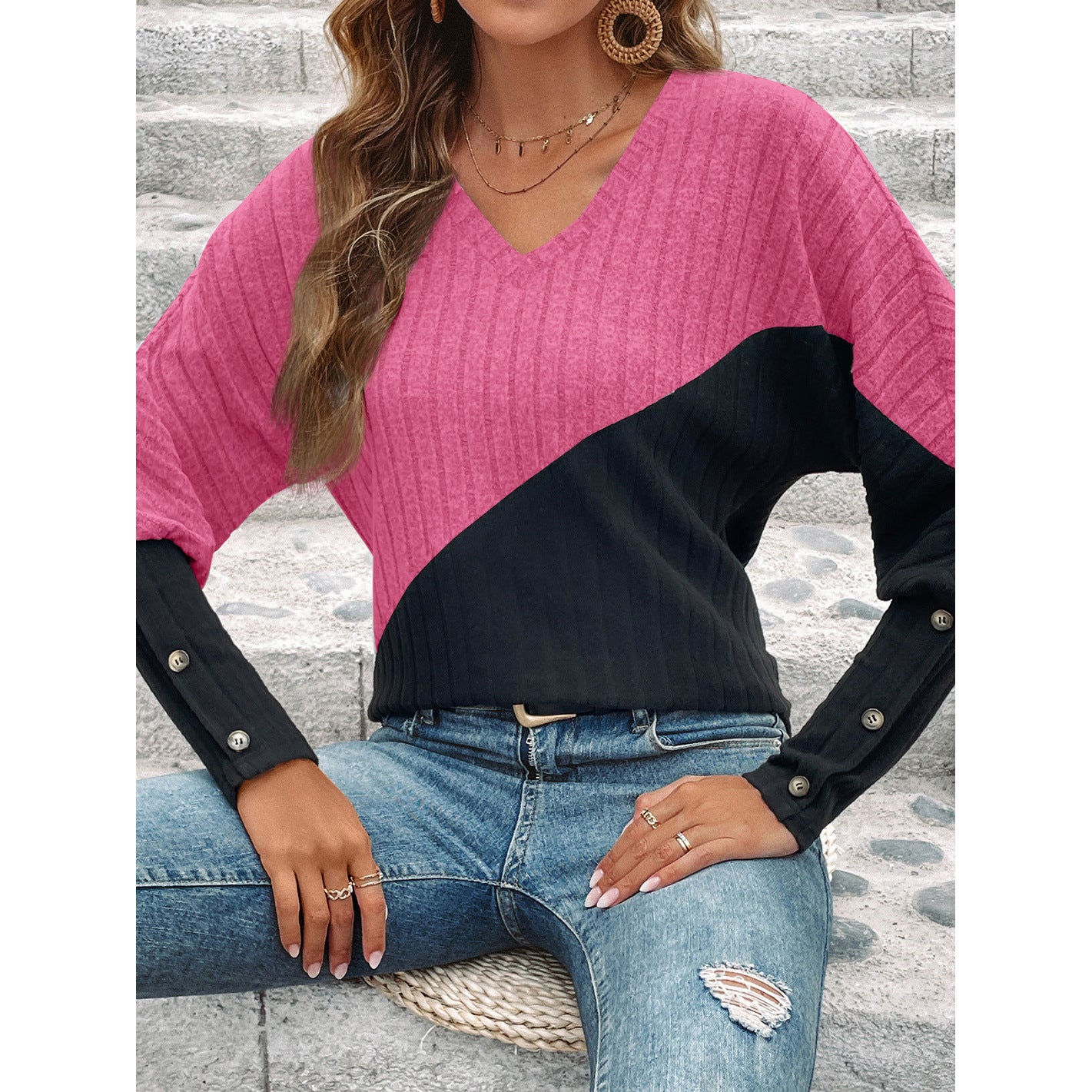 Long Sleeve V-collar Contrast Color Slimming Top