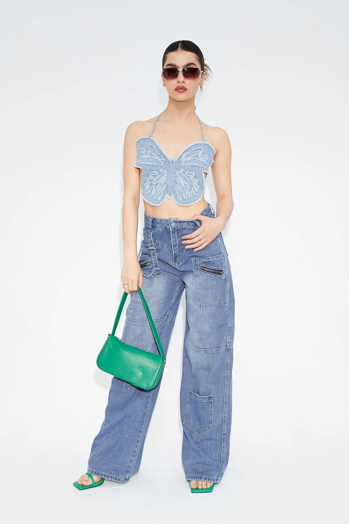 Thin Butterfly Pattern Denim Camisole Short Small Vest