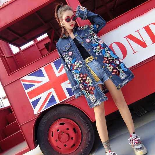 Machine Embroidery Ripped Mid-length Street Denim Coat