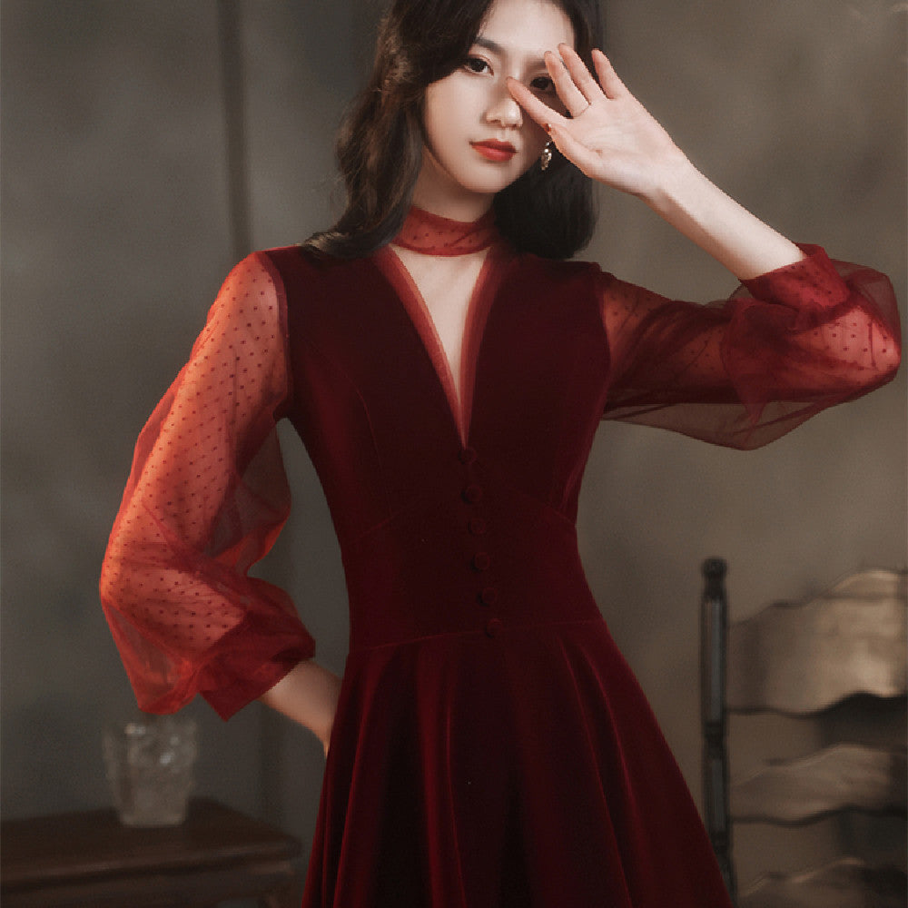 Women's Velvet Wine Red Banquet Dress