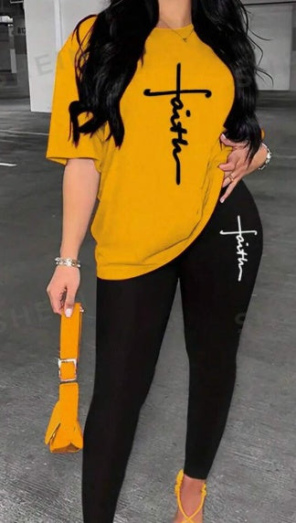 Faith Round Neck T-Shirt And Leggings Set