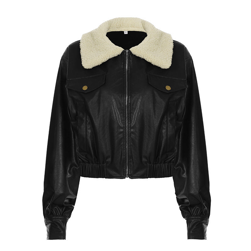 Retro Fur Collar Workwear Leather Jacket Design Sense