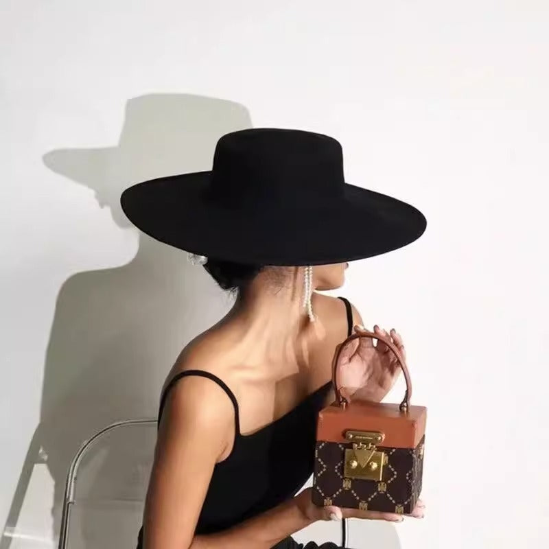 Flat Top Woolen Big Brim Fedora Hat Hepburn Style