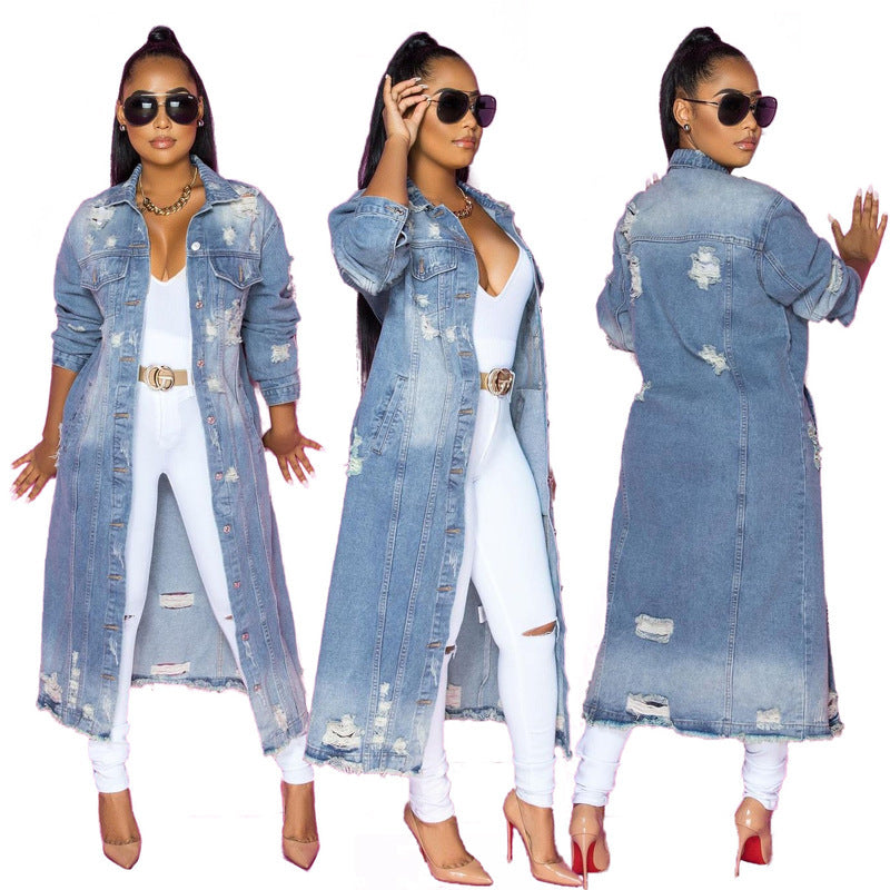 Lapel Style Women's Washed Loose Hole Top Denim Jacket