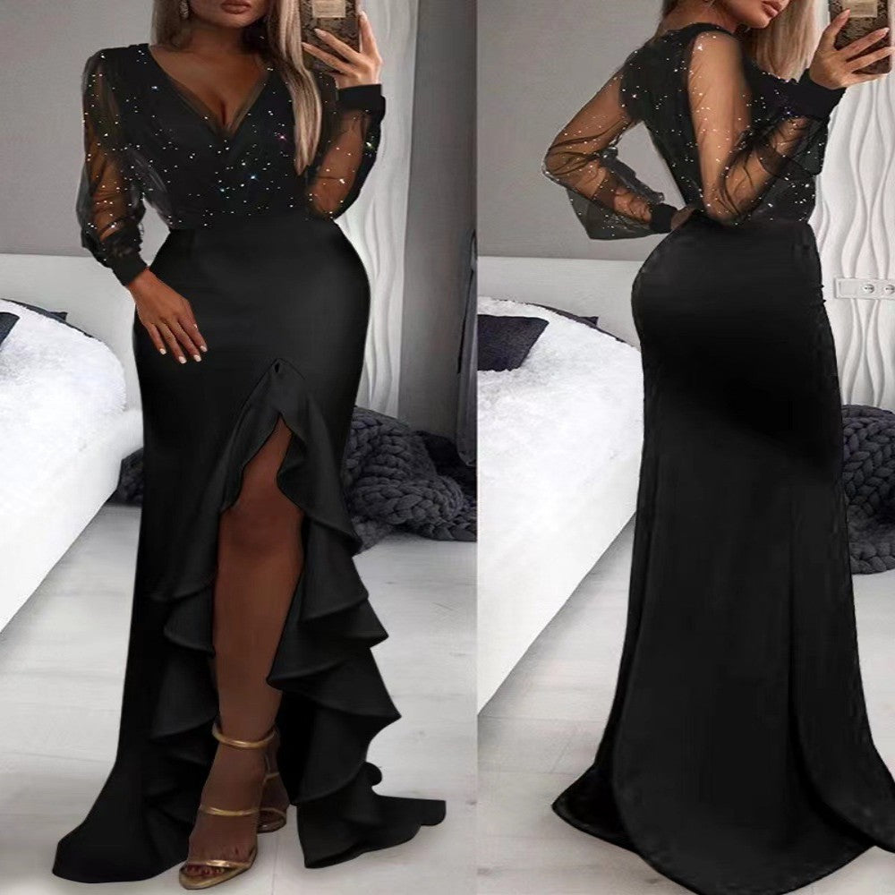 Package Hip Mid-rise Abdomen-control Black Mesh Sequins Dress