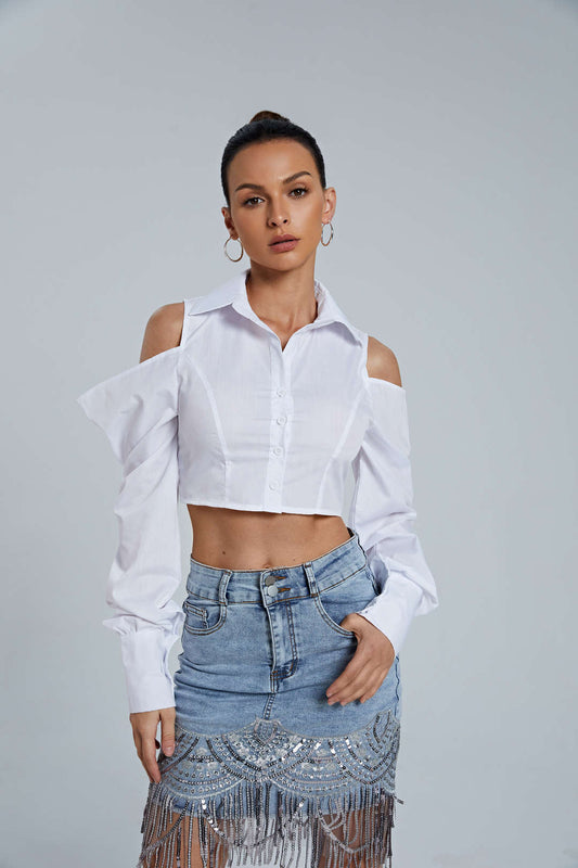 Women's New Solid Color Slim -fitting Fashion Off -shoulder Loose Long -sleeved Shirt