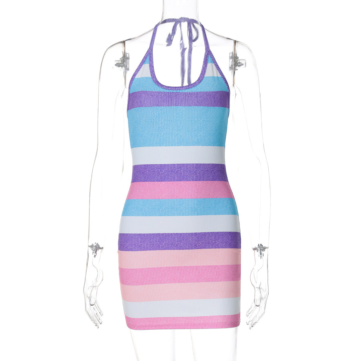 Pretty Stripes Printed Sexy Halter Backless Dress