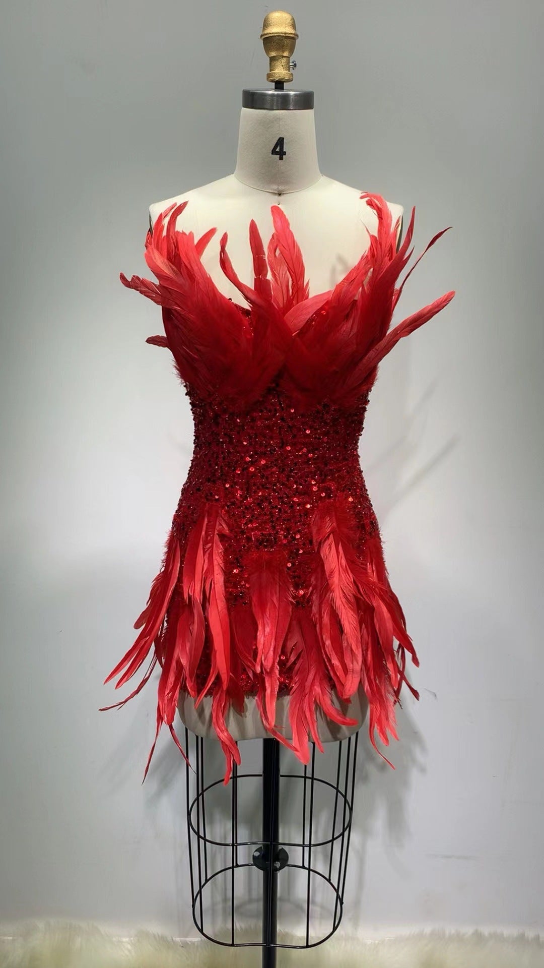 Red Paillette Feather Tube Top Hip Skirt