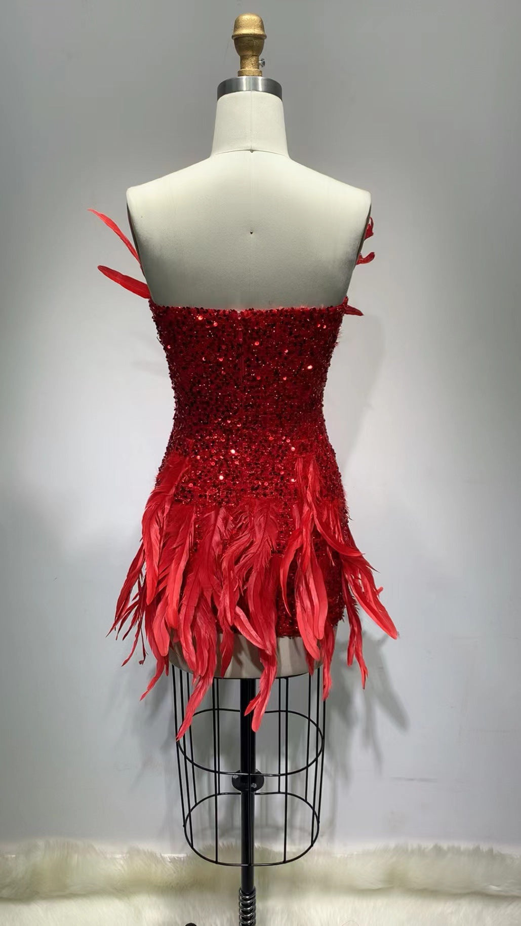 Red Paillette Feather Tube Top Hip Skirt