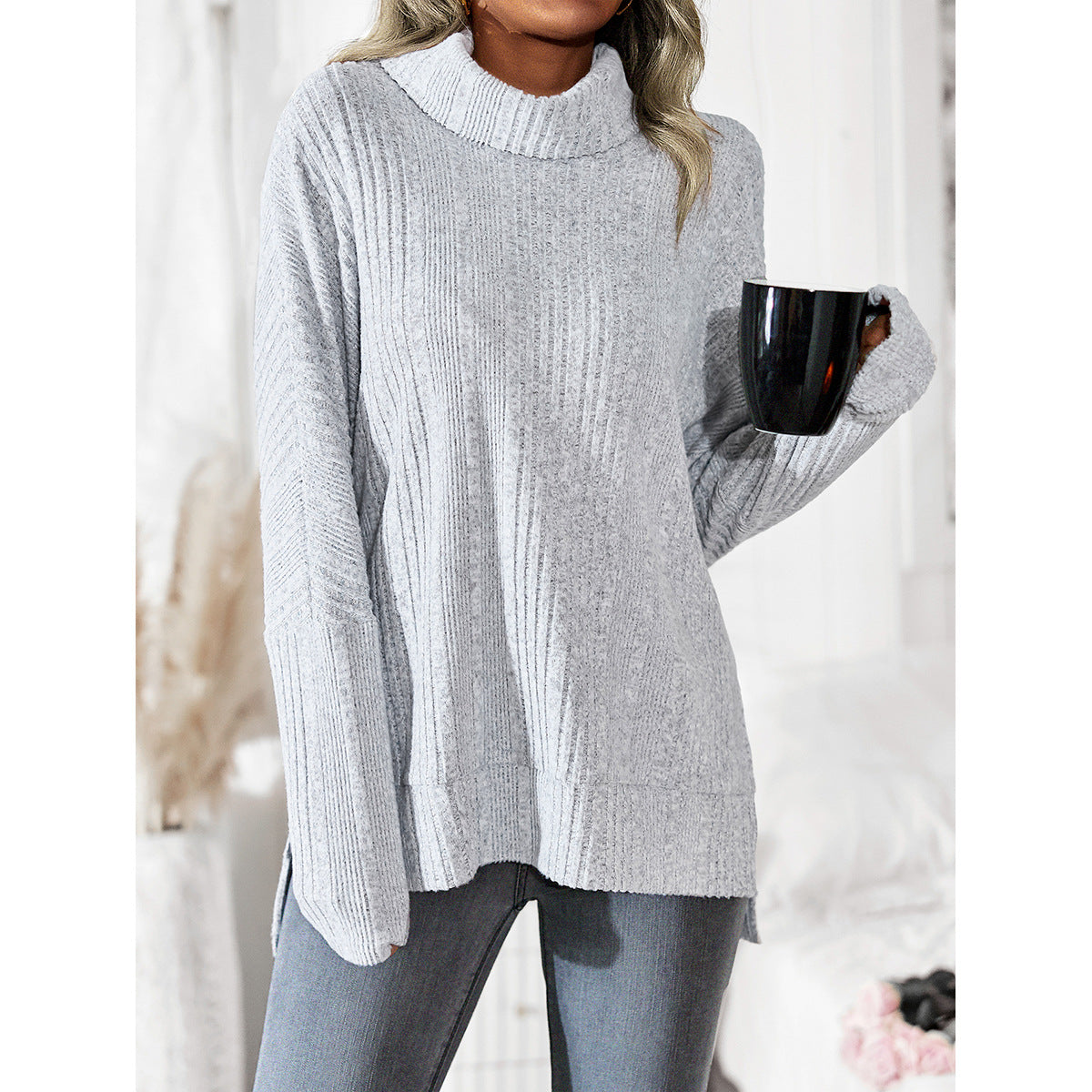 Women's Fashion Casual Turtleneck Fleece Knitted Long-sleeved Top