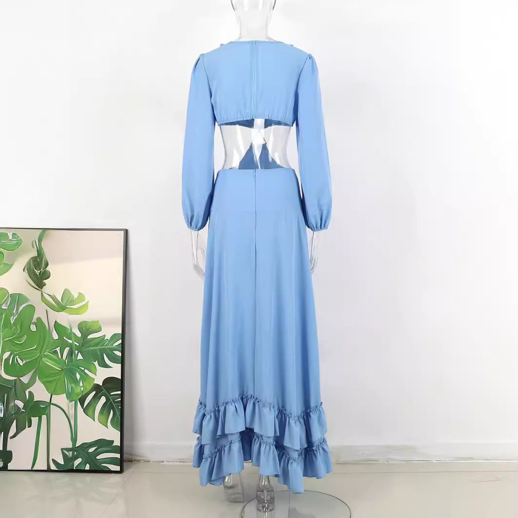 Blue Deep V-neck Midriff Outfit Women's Long Sleeve Long Dress