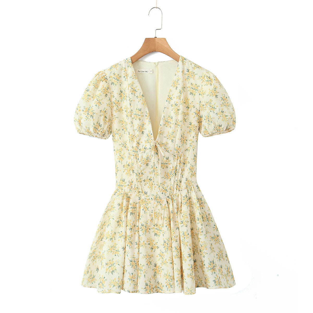 French Sweet Yellow With Dazzle V-neck Puff Sleeve Dress