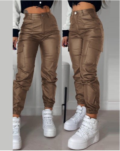 Zipper Pleated PU Casual Patch Pocket Skinny Pencil Trousers