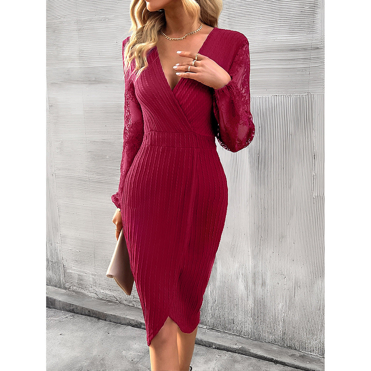 Fashion V-neck Slit Lace And Knitted Long-sleeved Dress