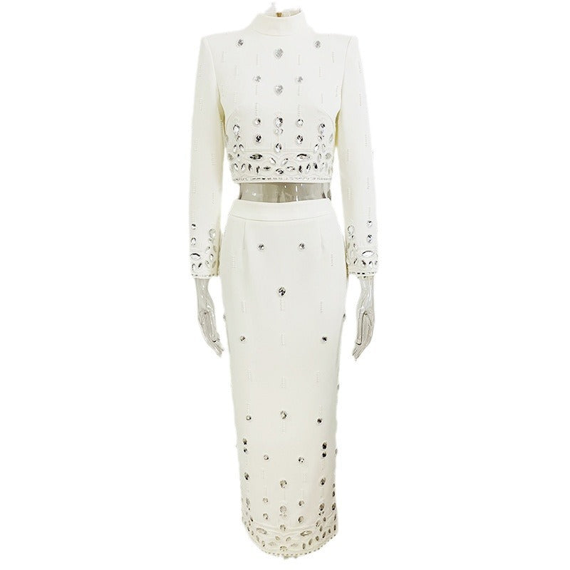 Diamond Baddie Fashion New Heavy Industry Beads Diamond Inlaid Short Top Long Skirt Suit