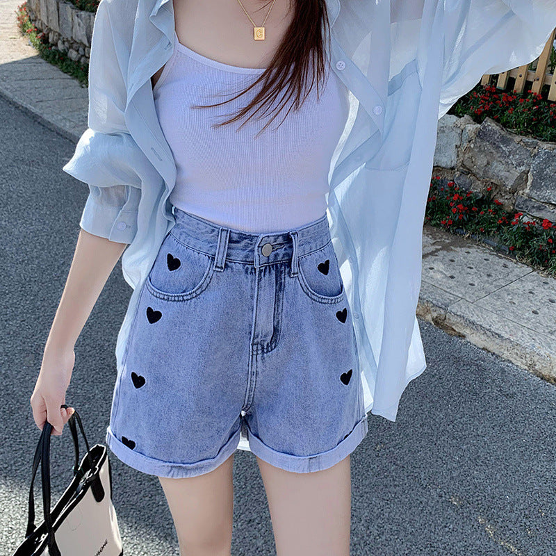 Hearts cute High-Waist Slimming Denim Shorts