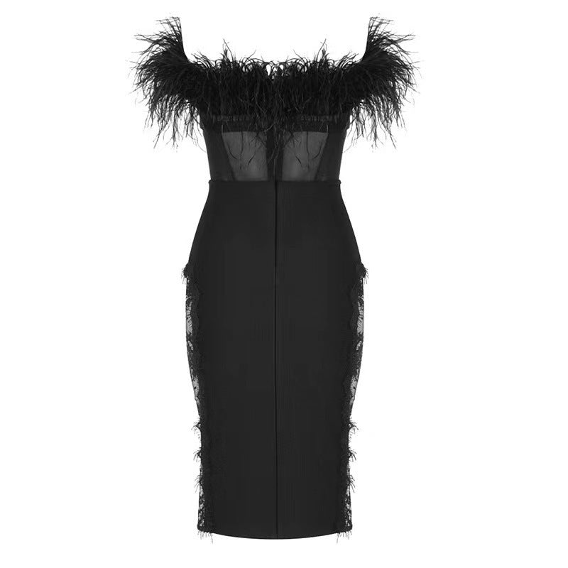 European And American Fashion Sexy Tube Top Ostrich Feather Mesh Lace Bandage One-piece Dress