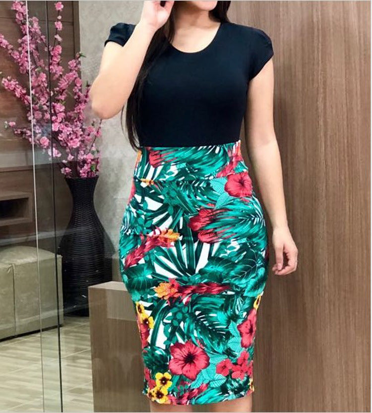 Women's Round Neck Multicolor Flower Sheath Dress