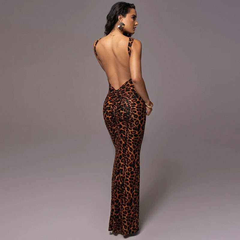 Fashion Leopard Print Backless Slim Fit Dress