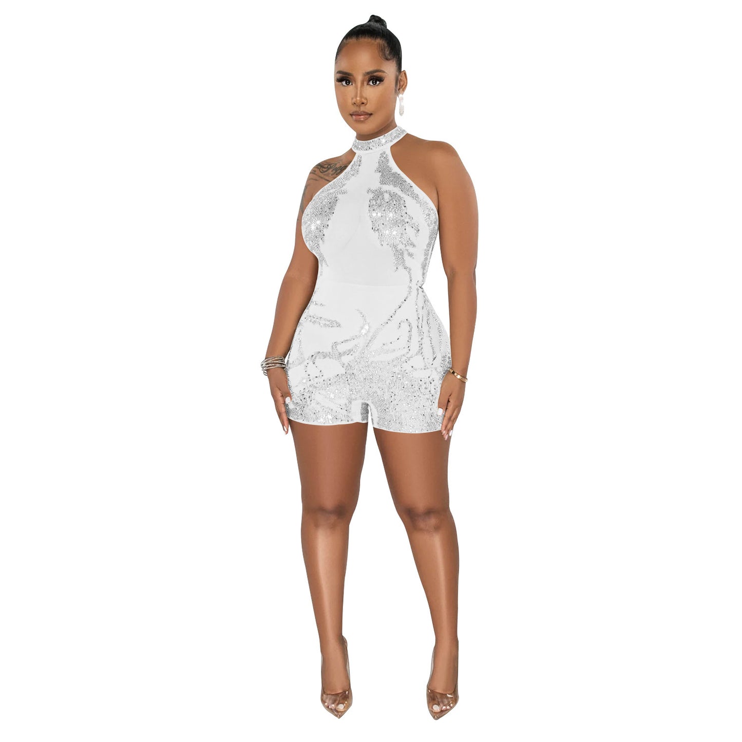 Women's Skinny Mesh Rhinestone Jumpsuit