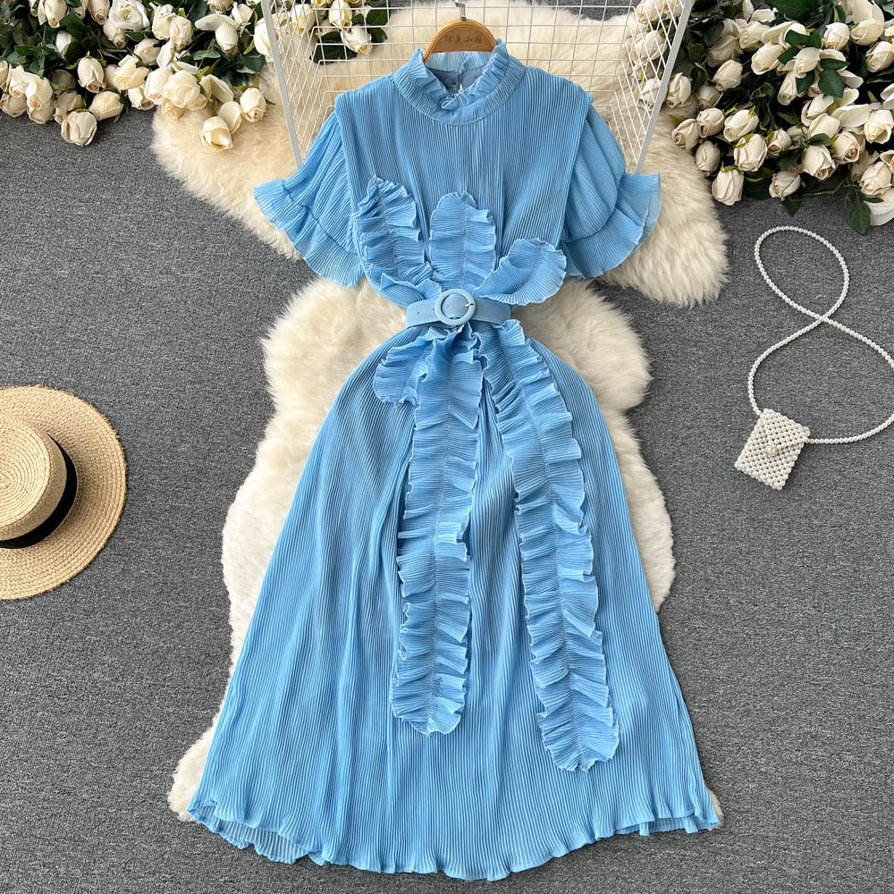 Pleated Ruffled Short Sleeves Dress Seaside Holiday Waist-slimming Long Dress