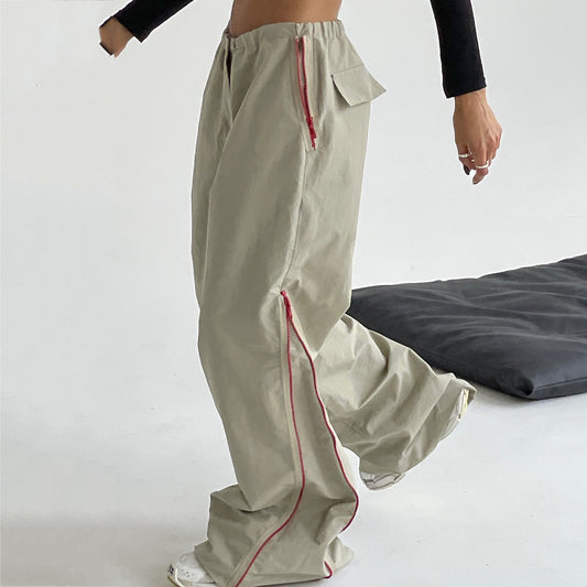 Retro Bell-bottom Pants Women's Contrast Color Zipper Wide Leg Casual Trousers